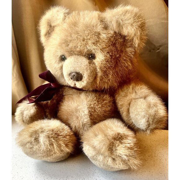 Russ Benjamin Beige Teddy Bear With Purple Bow Plush Stuffed Animal 14” Toy - Picture 1 of 12